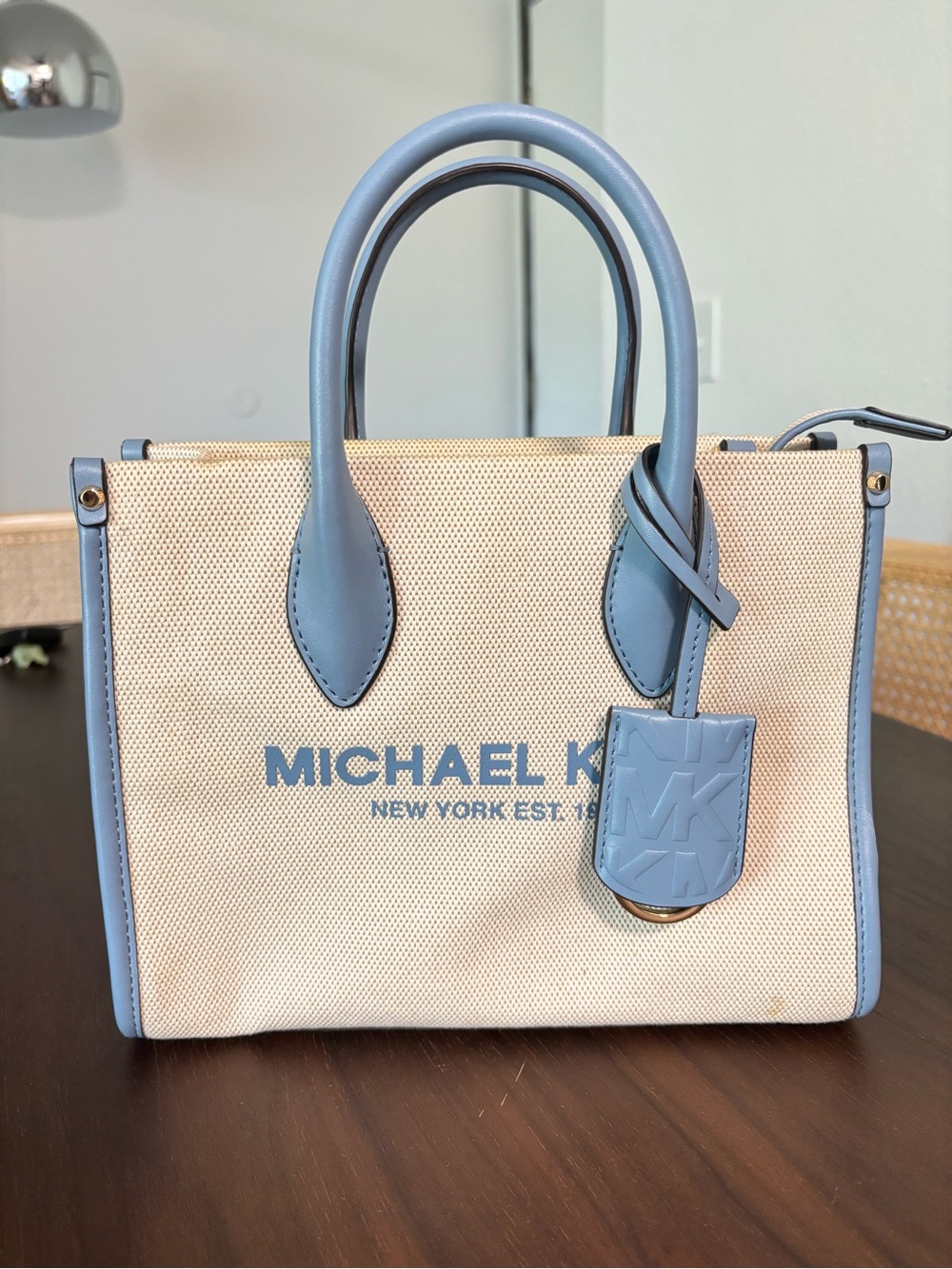 Michael Kors Beige Canvas Tote with Light Blue Leather Trim